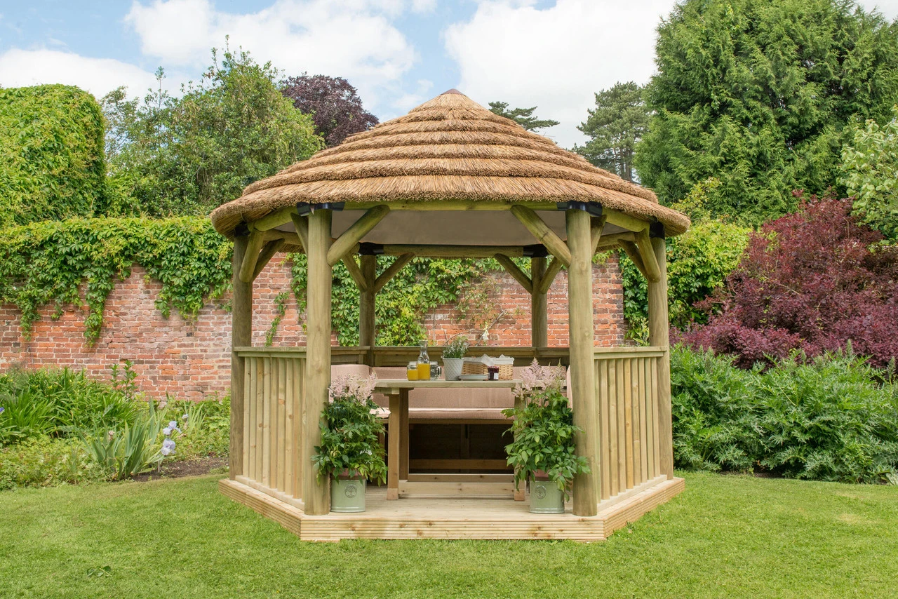 Forest Garden Hexagonal Thatched Roof Gazebo Furnished Cream - Image 2