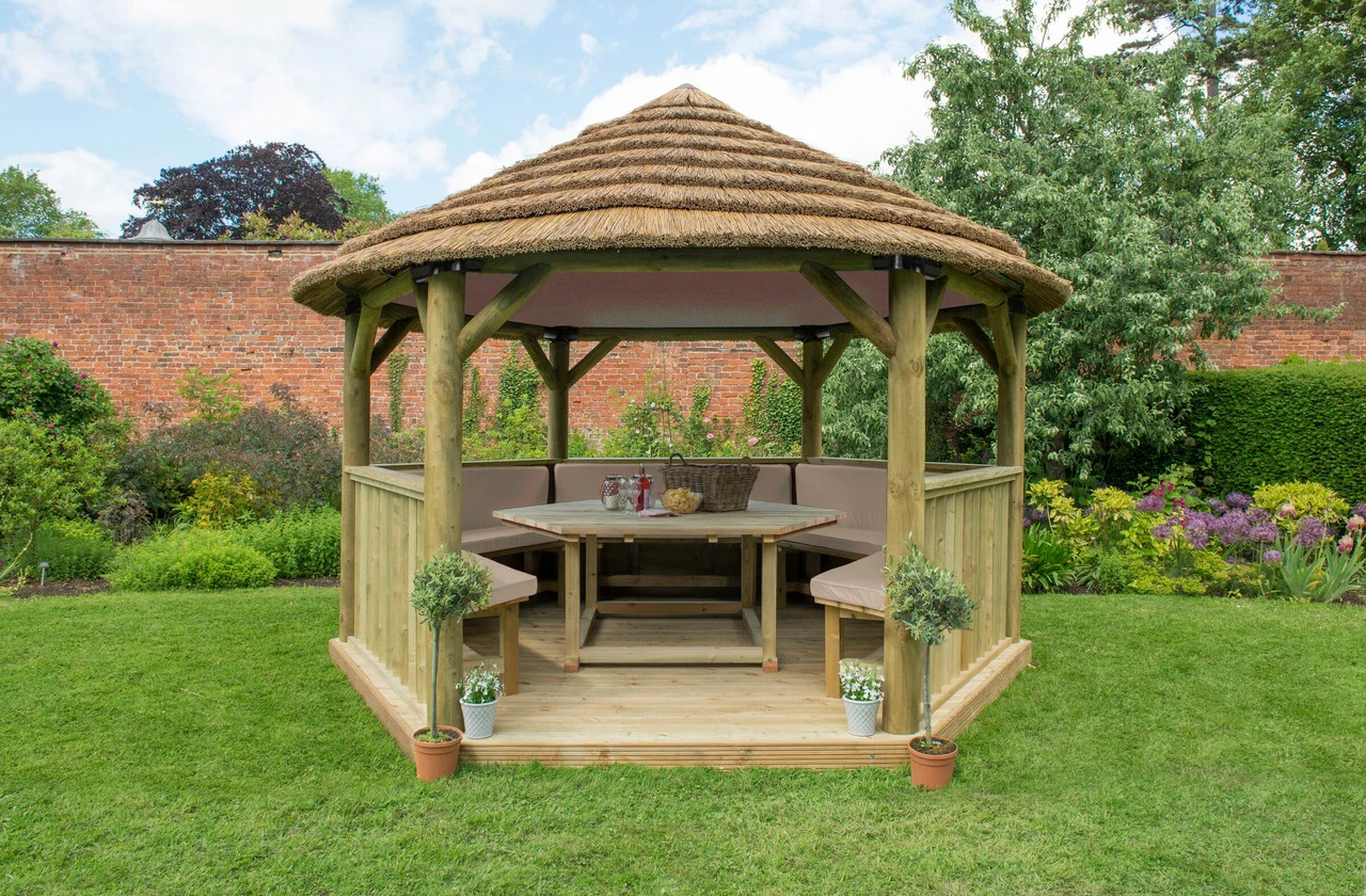Forest Garden Hexagonal Thatched Roof Gazebo Furnished Cream - Image 8