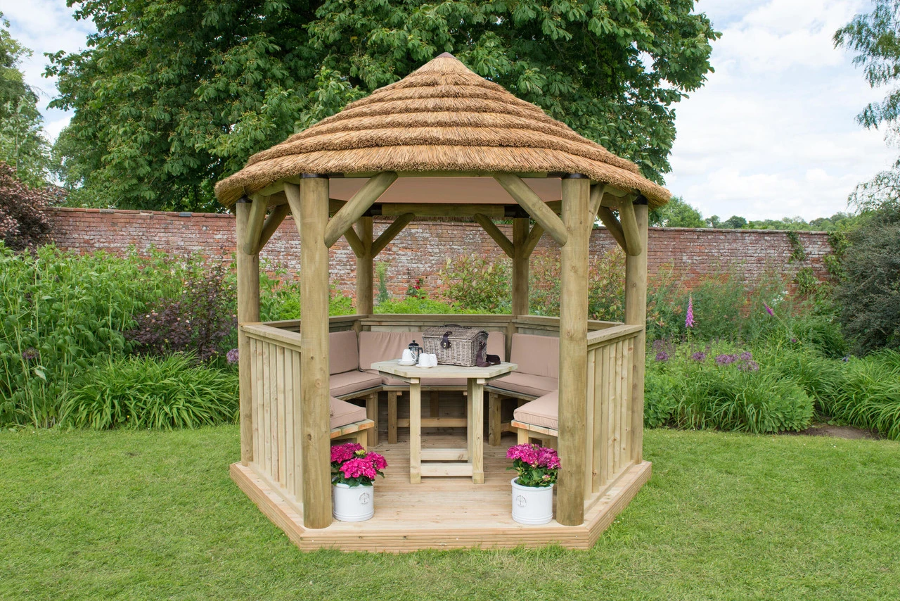 Forest Garden Hexagonal Thatched Roof Gazebo Furnished Cream - Image 4
