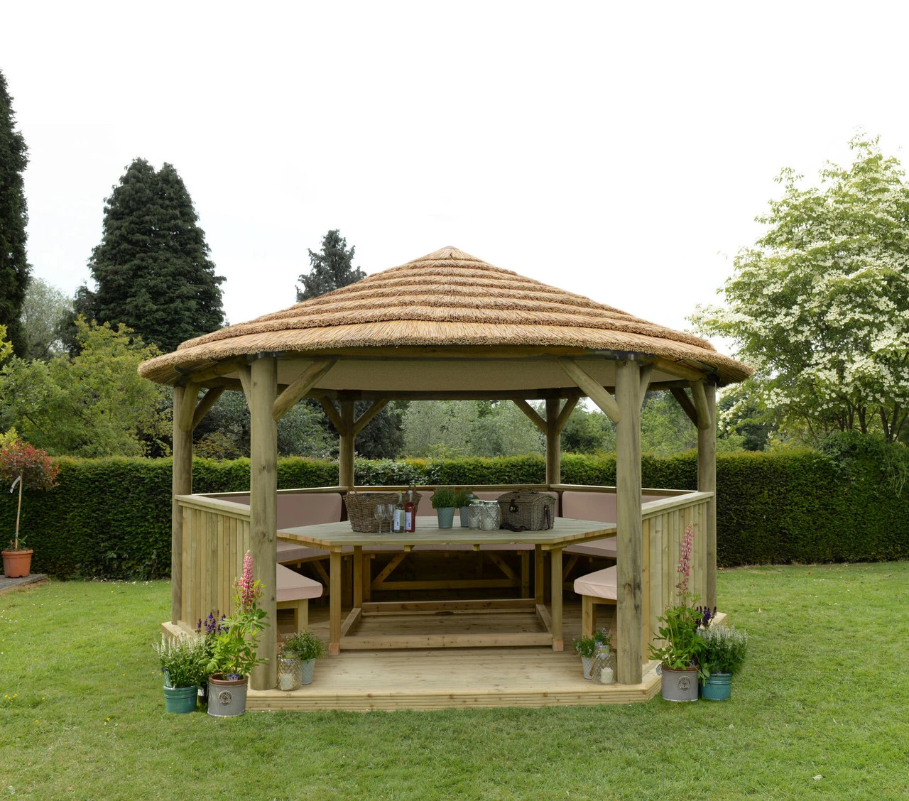 Forest Garden Hexagonal Thatched Roof Gazebo Furnished Cream - Image 6