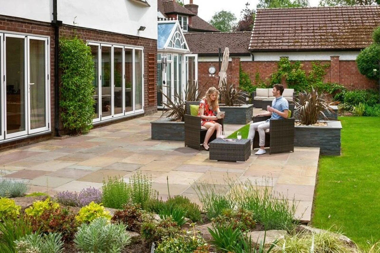 Indian Sandstone Riven Calibrated Paving Buff Multi 570 X 570 X 18mm (64 Pack)