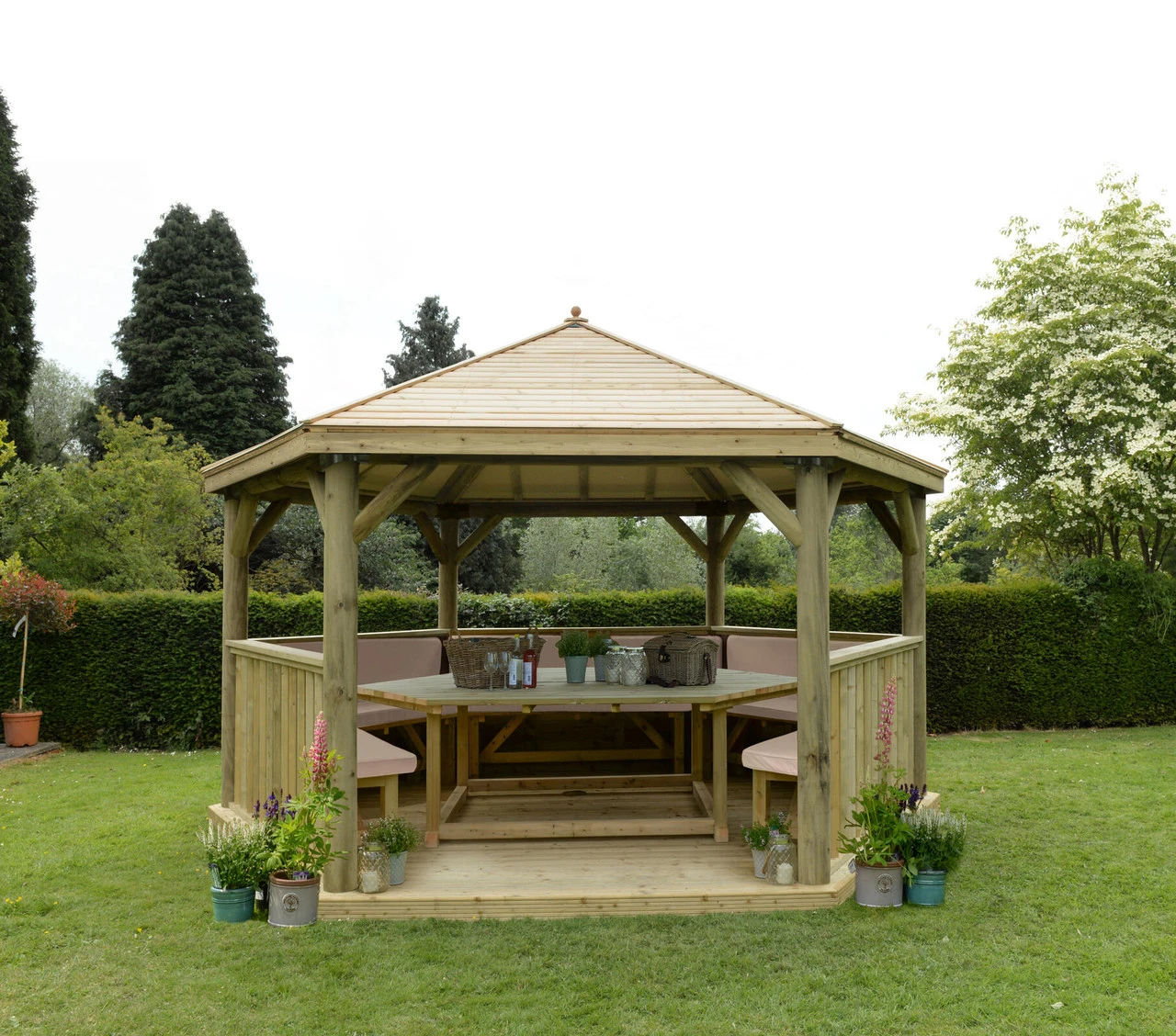 Forest Garden Hexagonal Timber Roof Gazebo Furnished Cream - Image 4