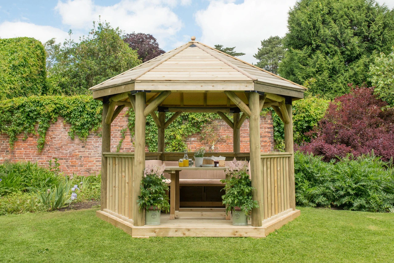 Forest Garden Hexagonal Timber Roof Gazebo Furnished Cream - Image 2