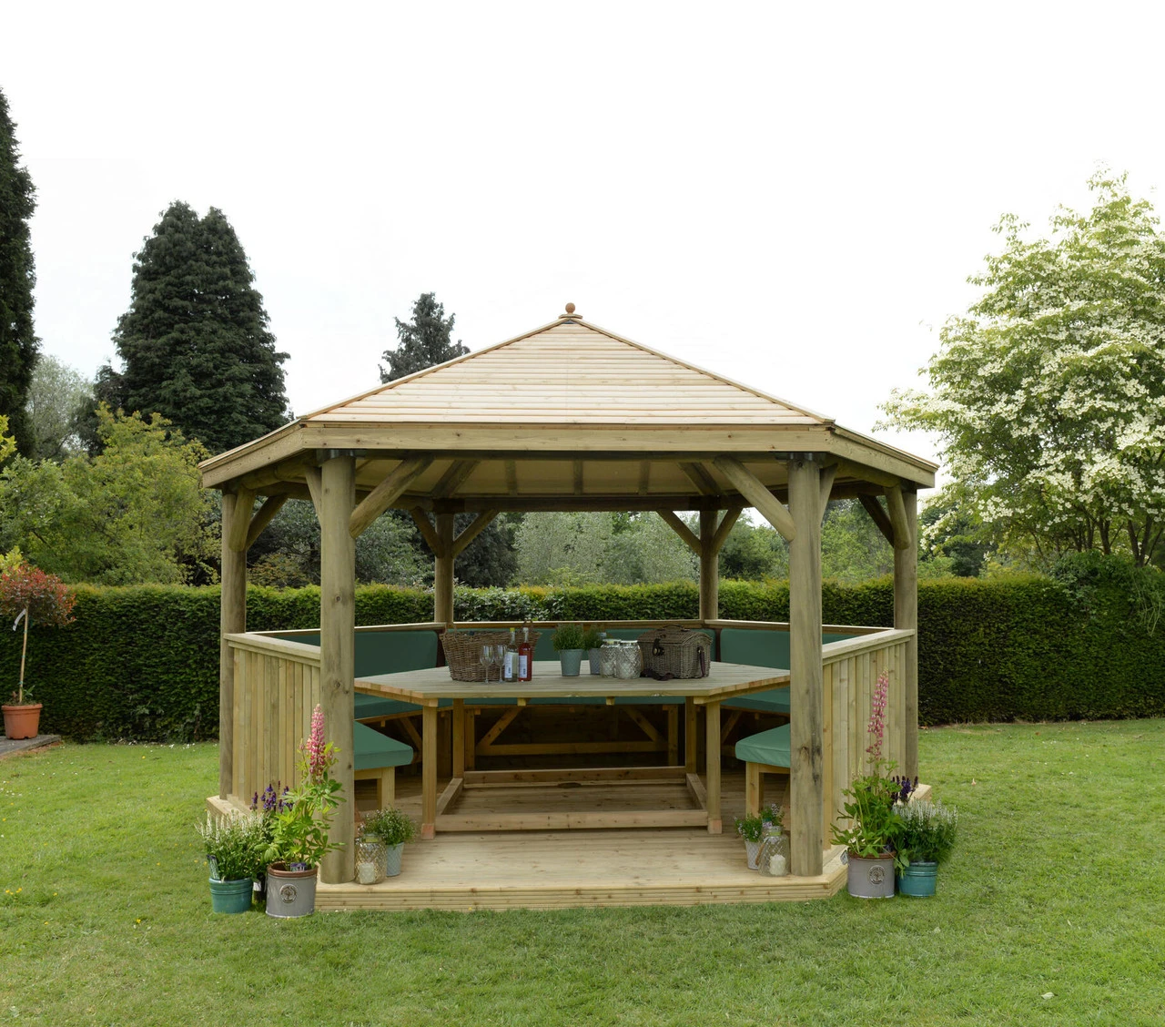 Forest Garden Hexagonal Timber Roof Gazebo Furnished Green - Image 4