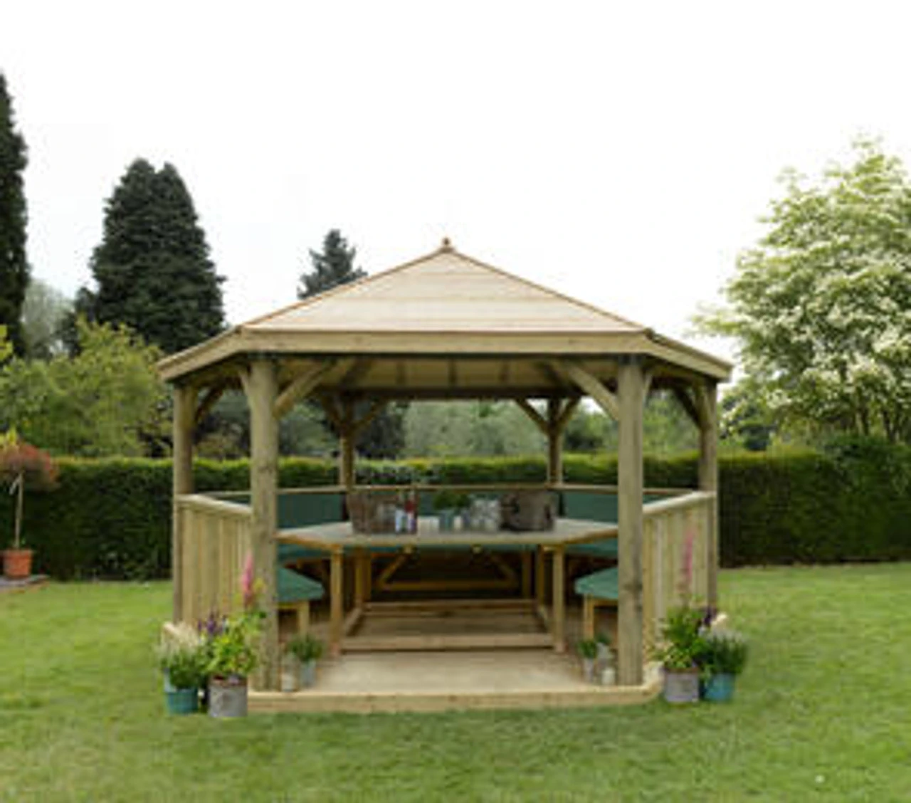 Forest Garden Hexagonal Timber Roof Gazebo Furnished Green