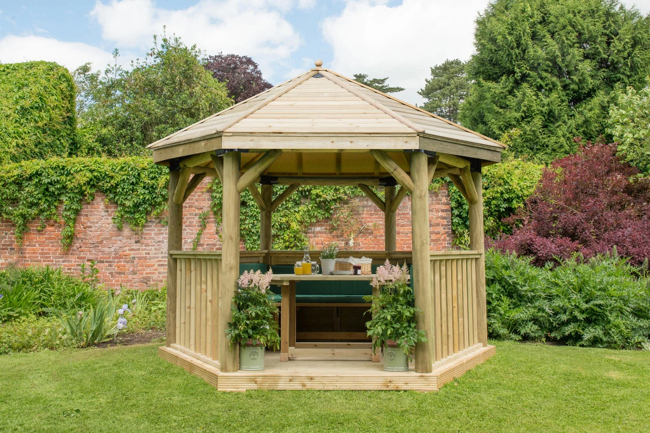 Forest Garden Hexagonal Timber Roof Gazebo Furnished Green - Image 2