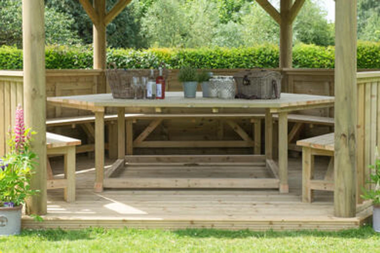Forest Garden Hexagonal Timber Roof Gazebo Furnished Cream - Image 3